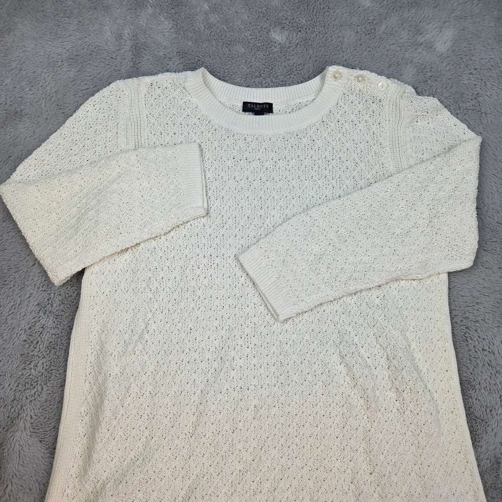 Talbots Sweater Womens MP Petite Pointelle Knit Button Shoulder Cotton Cream Wht